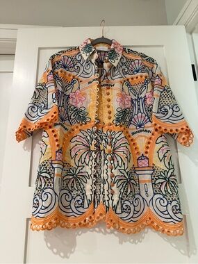 Zimmermann Multicolor Embroidered Scalloped-Edge Button Shirt - NWOT- AU1/US 4-6
